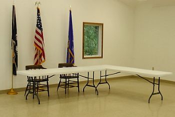 Tables in the main area of the Evergreen Town Hall